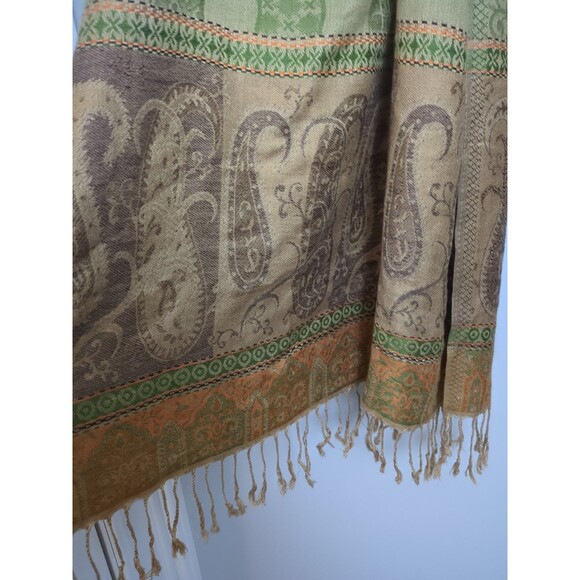 Paisley Pashmina & Silk Scarf Shawl Wrap One Size Elegant Sage Green/Orange - Picture 6 of 10